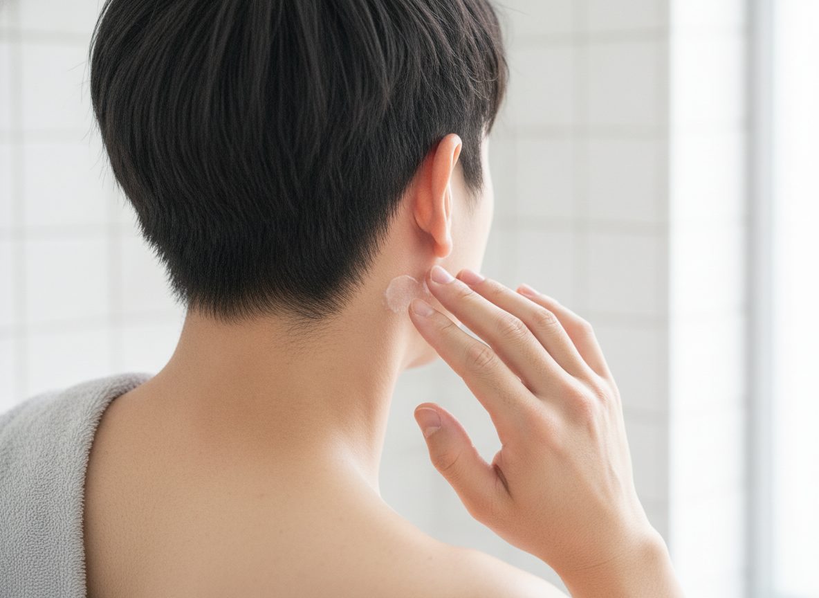 耳の裏にクリームを指でなじませる男性の後ろ姿(AI生成のイメージ画像。顔は写っていない)