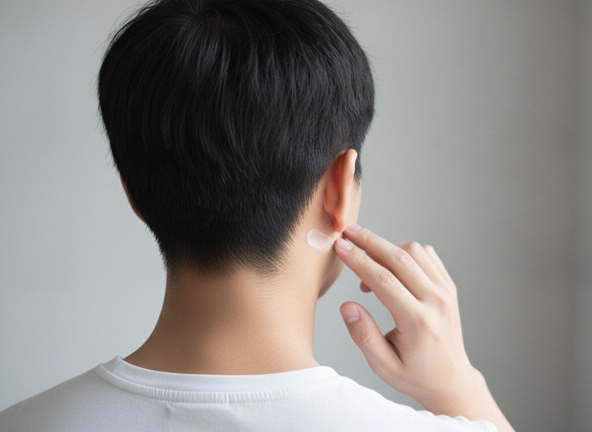 耳の後ろから首すじへ、指の腹で練り香水を伸ばす男性の後ろ姿（AI生成のイメージ）