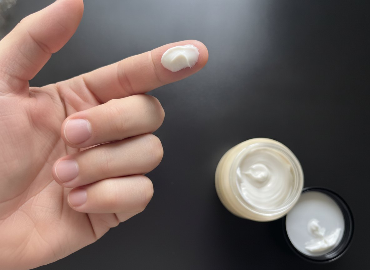 クリーム状の練り香水を指の腹に取ったところ（AI生成のイメージ。容器は運営者が撮った写真をもとに作成）